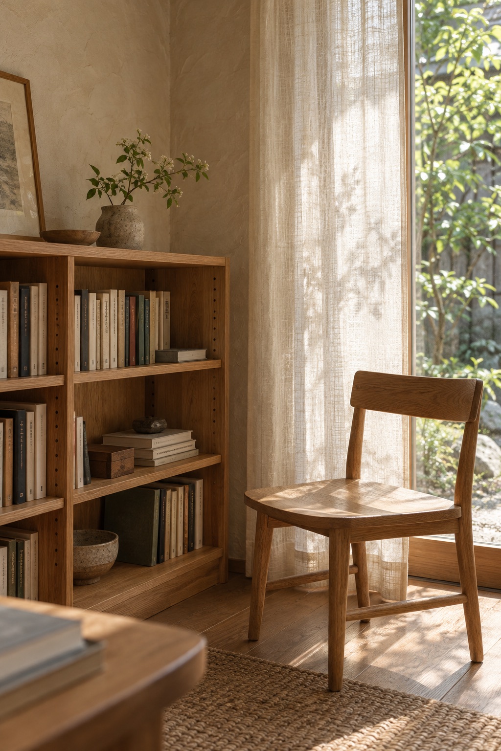 低い本棚と自然光の入る読書席