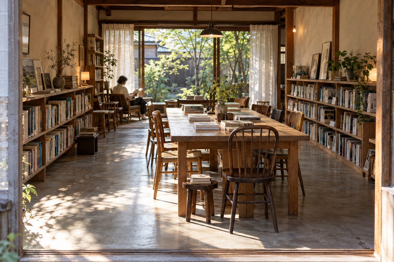 木の本棚と共有テーブル、庭へ続く読書室